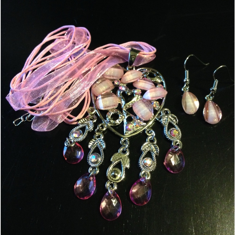 New 3 Piece Pink Heart Cord and Chiffon Necklace With Matching Earrings